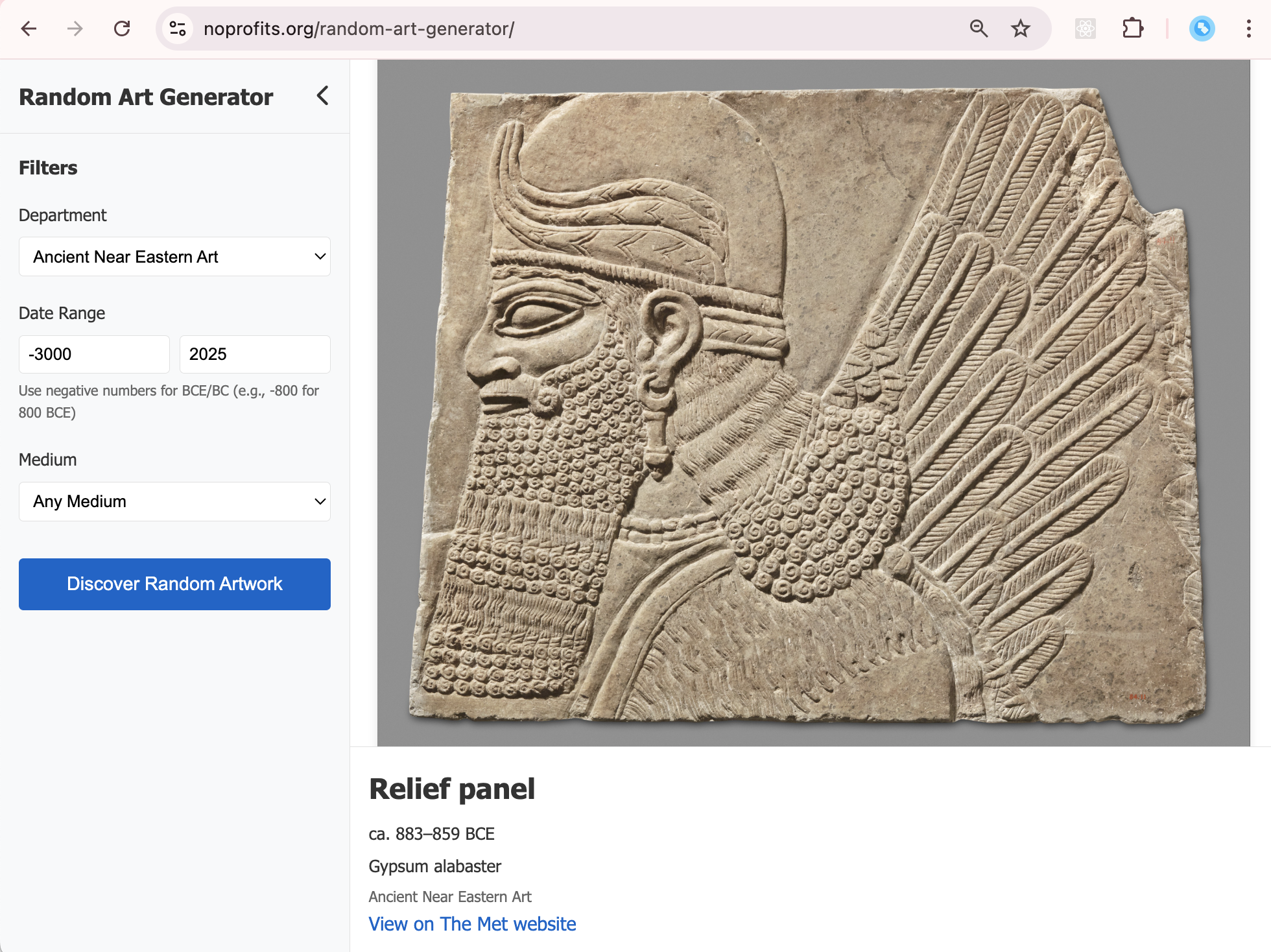 Assyrian relief panel showing a winged deity with a bearded face in profile, dating from 883-859 BCE